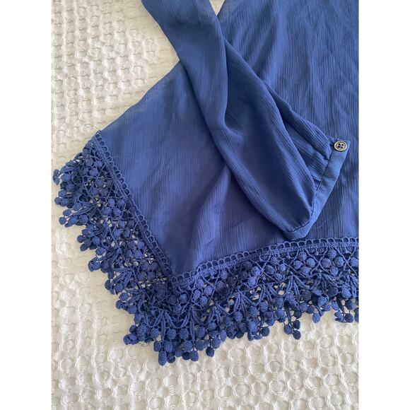 Rewind Navy Blue Semi-Sheer Lace Crochet Long Sleeve Loose Fit Blouse Sz Small - Picture 4 of 11